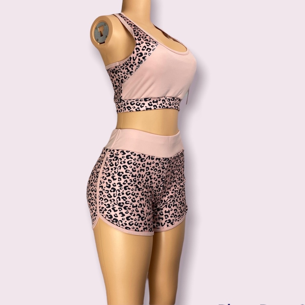 Pink women Short Leopard Print Top Set Two Piece Leopard Padded bra High Waisted